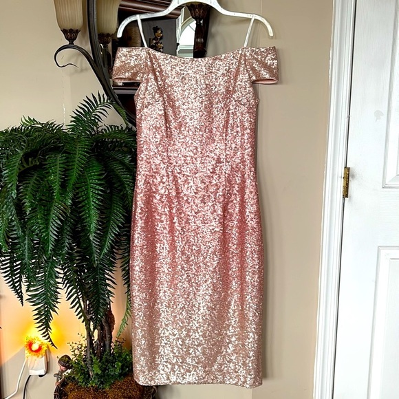 Vince Camuto Off Shoulder Coral Pink Ombre Sequin Dress Midi Sparkly Party - Picture 1 of 15